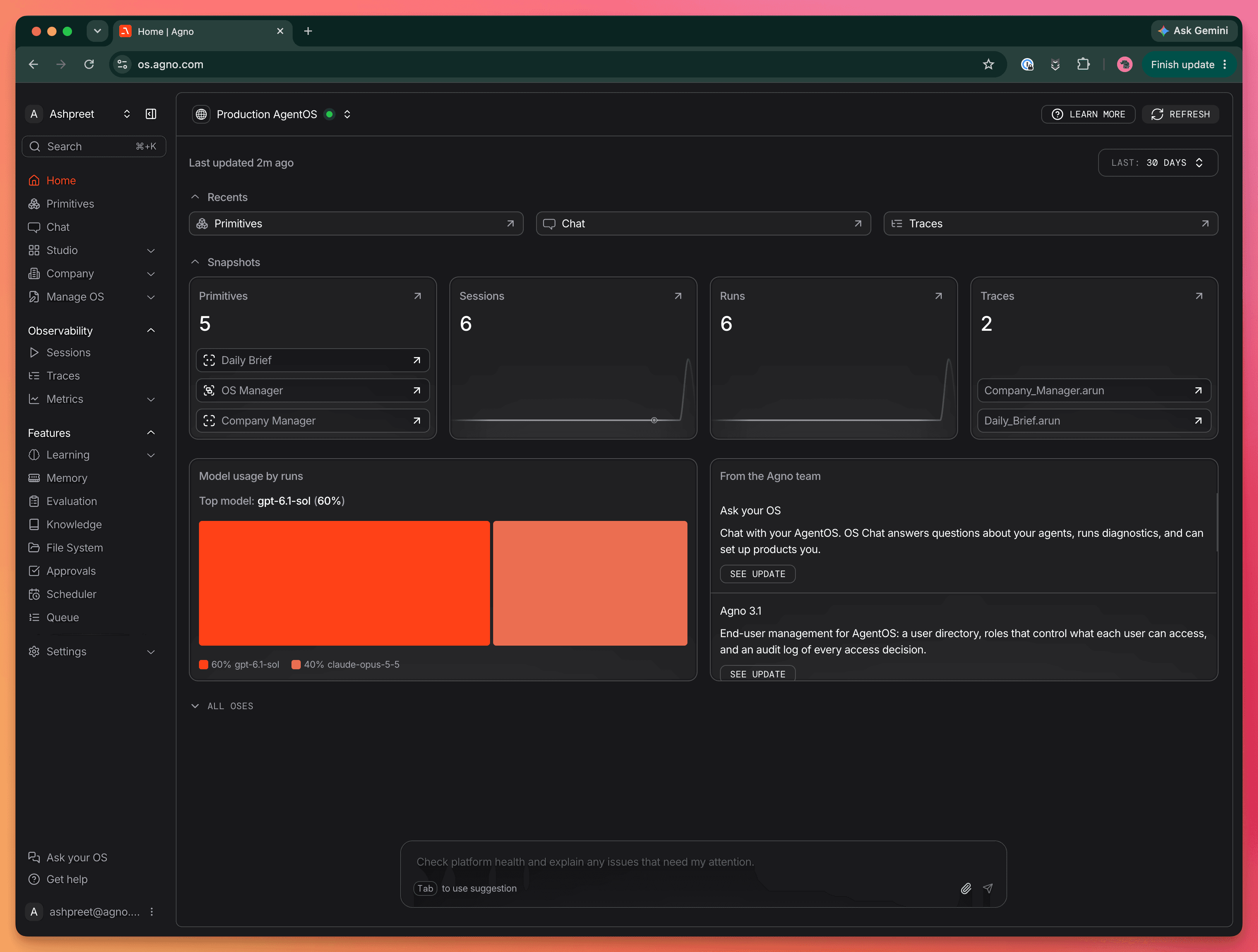 AgentOS home dashboard showing agents, sessions, runs, traces, and model usage
