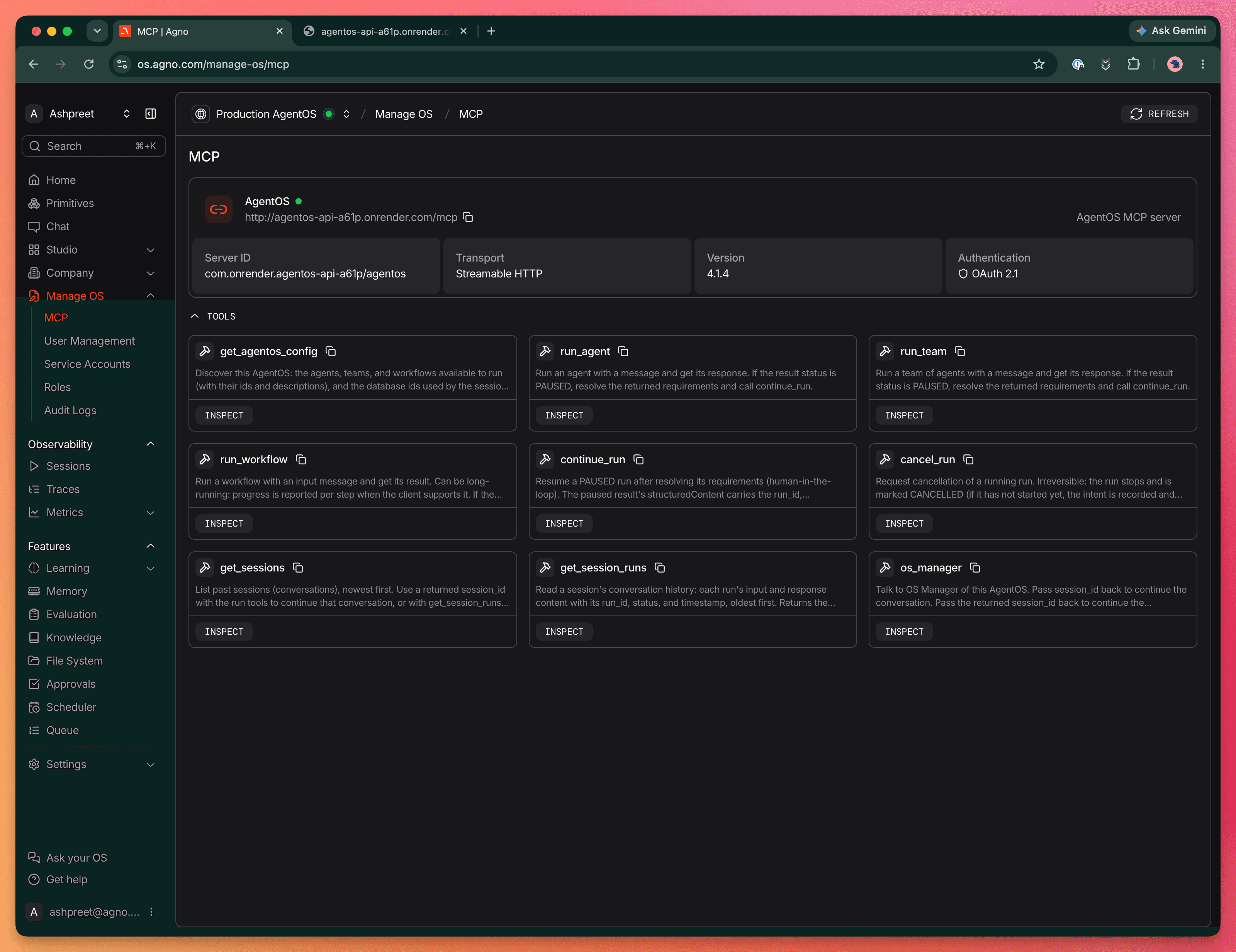 AgentOS MCP page showing server details, OAuth authentication, and available tools