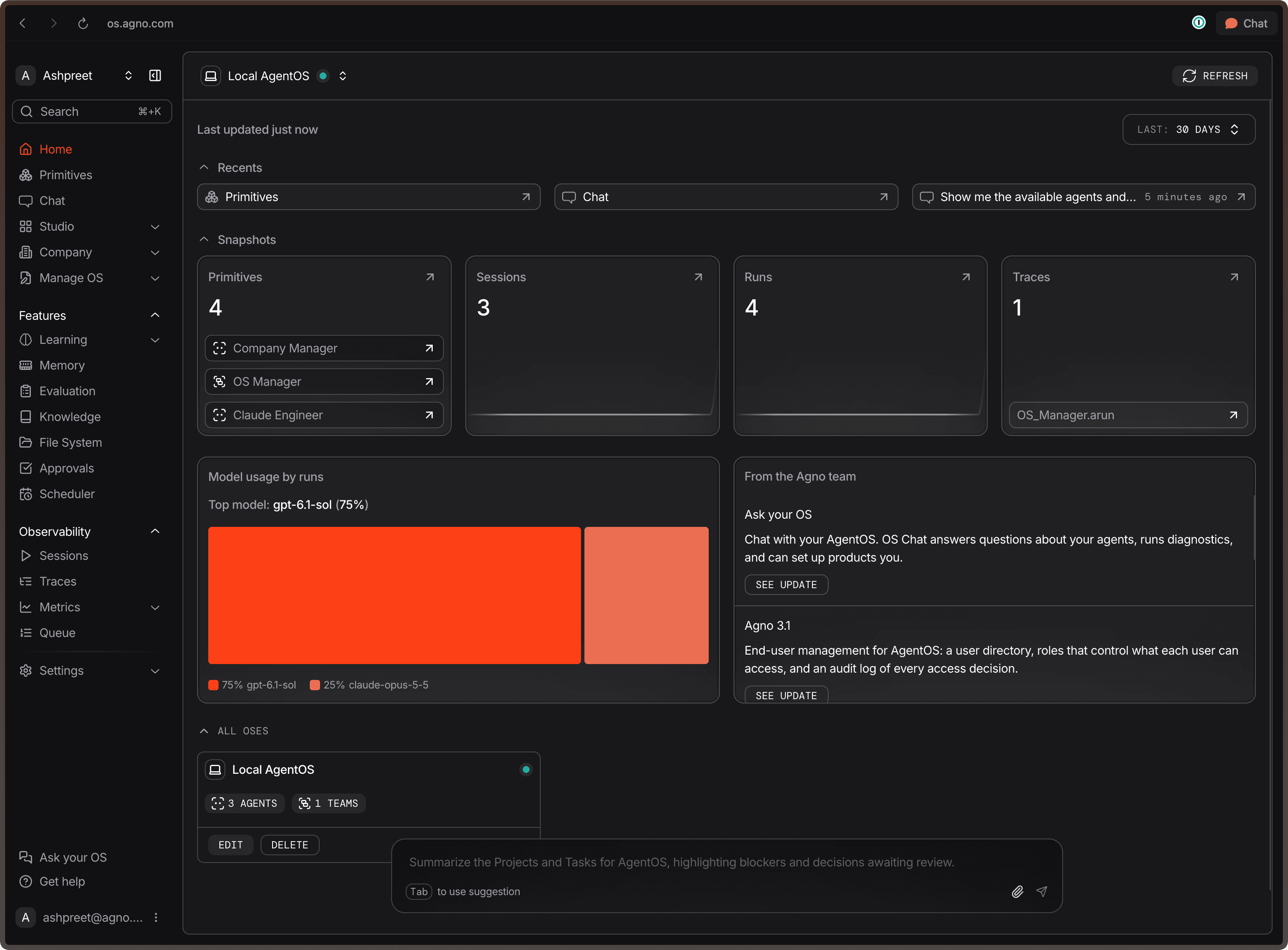 AgentOS home dashboard showing agents, sessions, runs, and traces