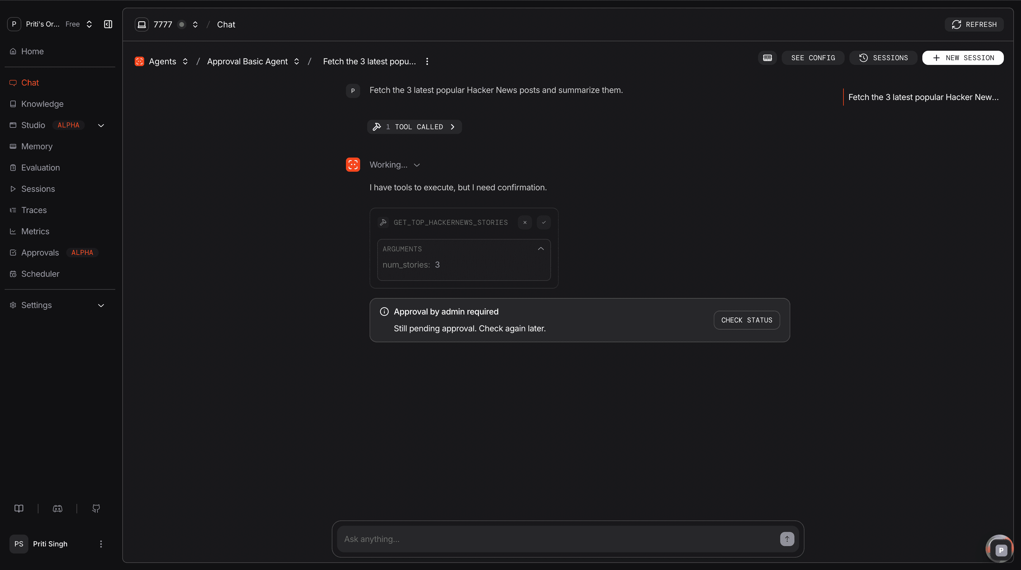 Approval required in agent chat