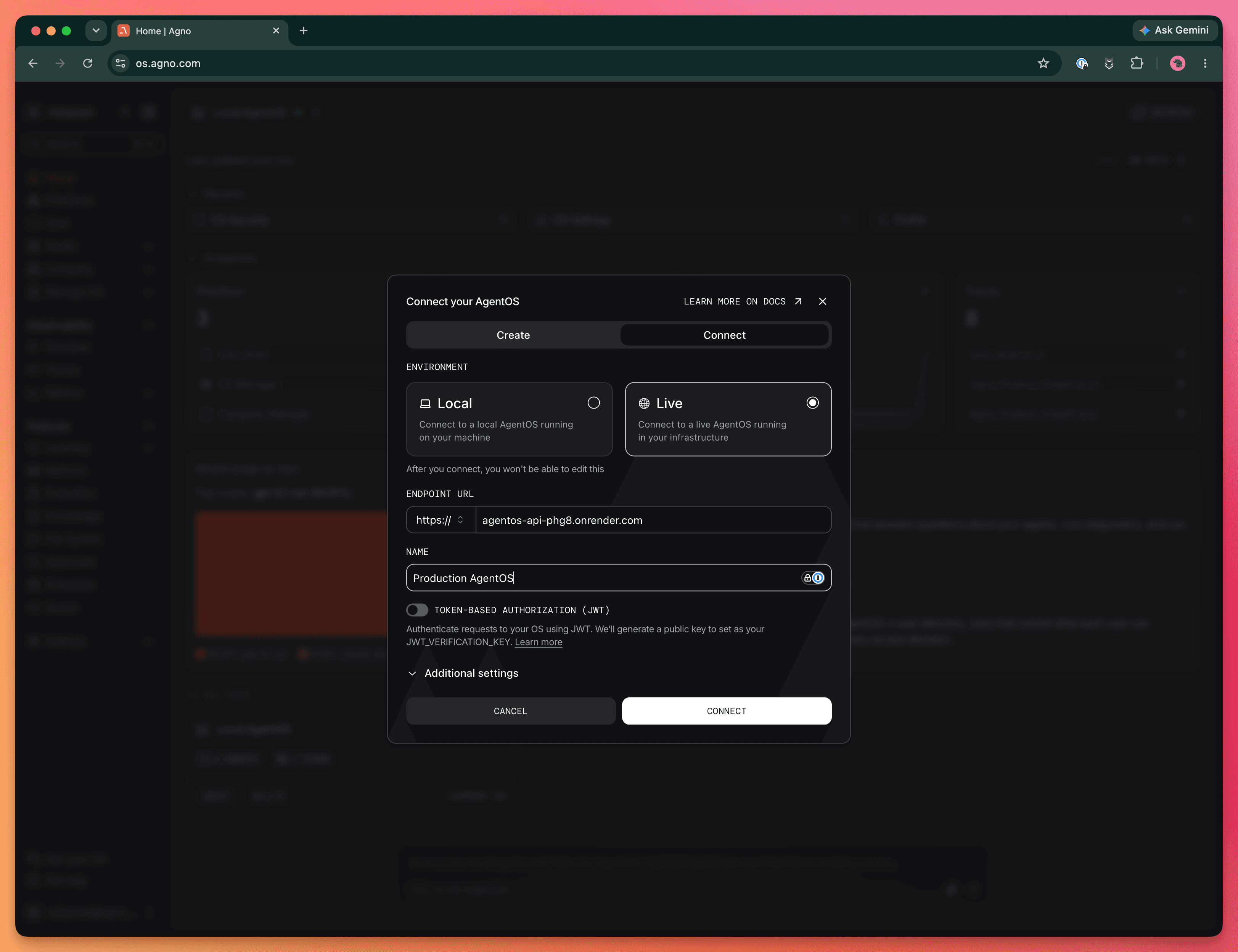 Connect your AgentOS dialog with Live selected, a public Render endpoint URL, and the name Production AgentOS