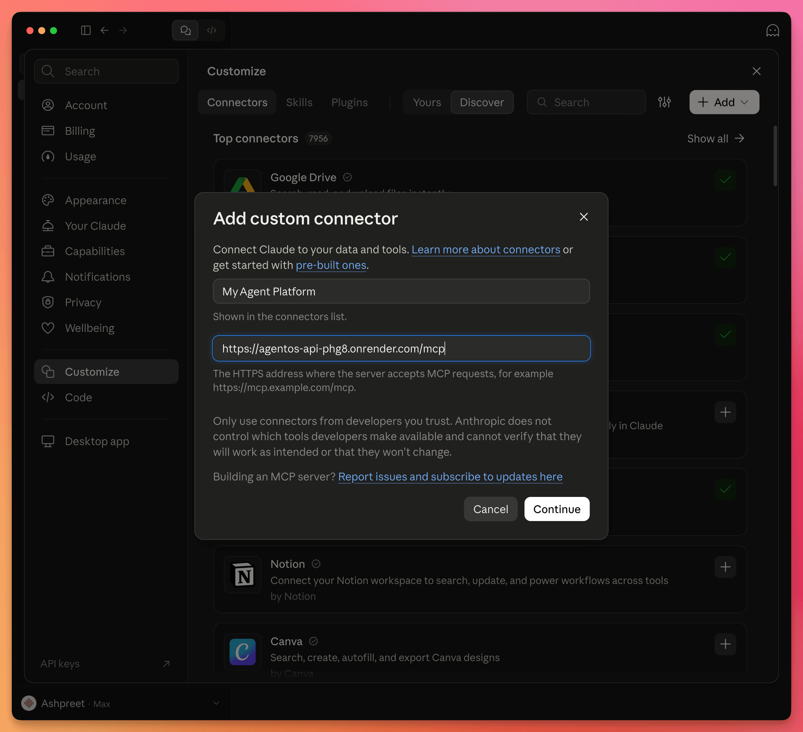Claude custom connector dialog with the name My Agent Platform and a Render endpoint URL