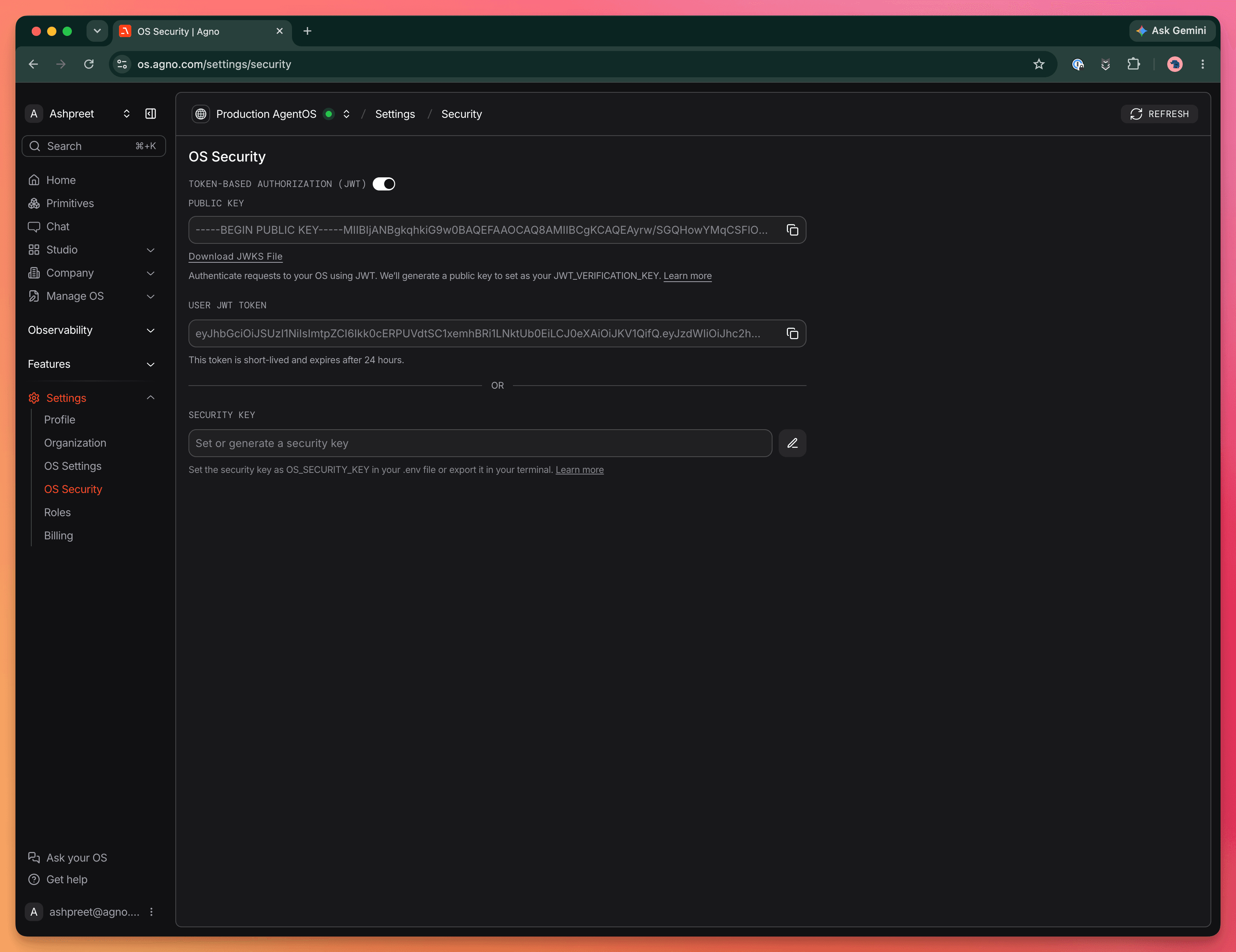 AgentOS Security settings with JWT authorization enabled and the public verification key ready to copy