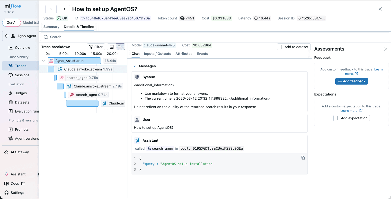 Agno traces in MLflow