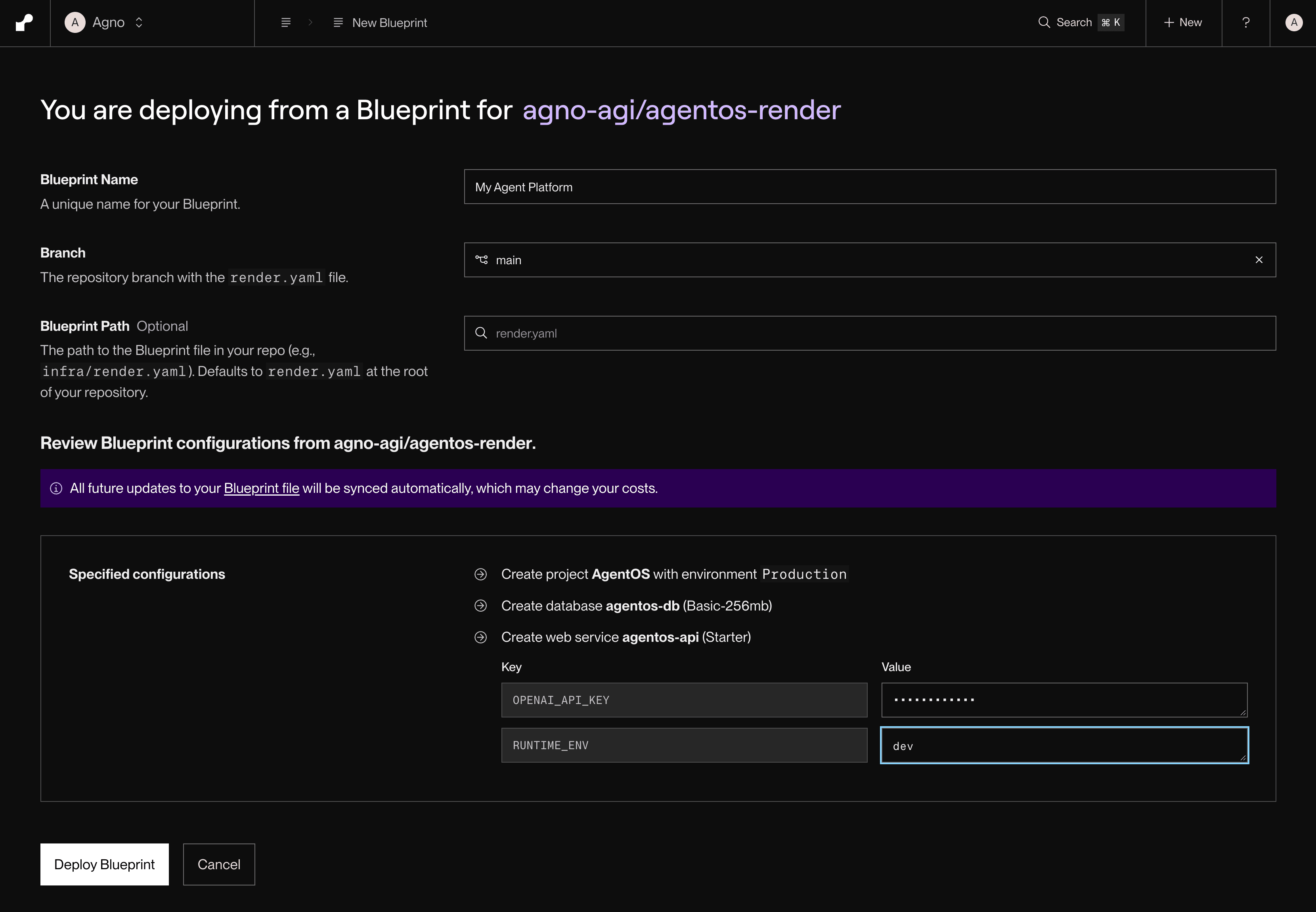 Render Blueprint setup showing the repository branch, render.yaml path, API service, database, and model API key field