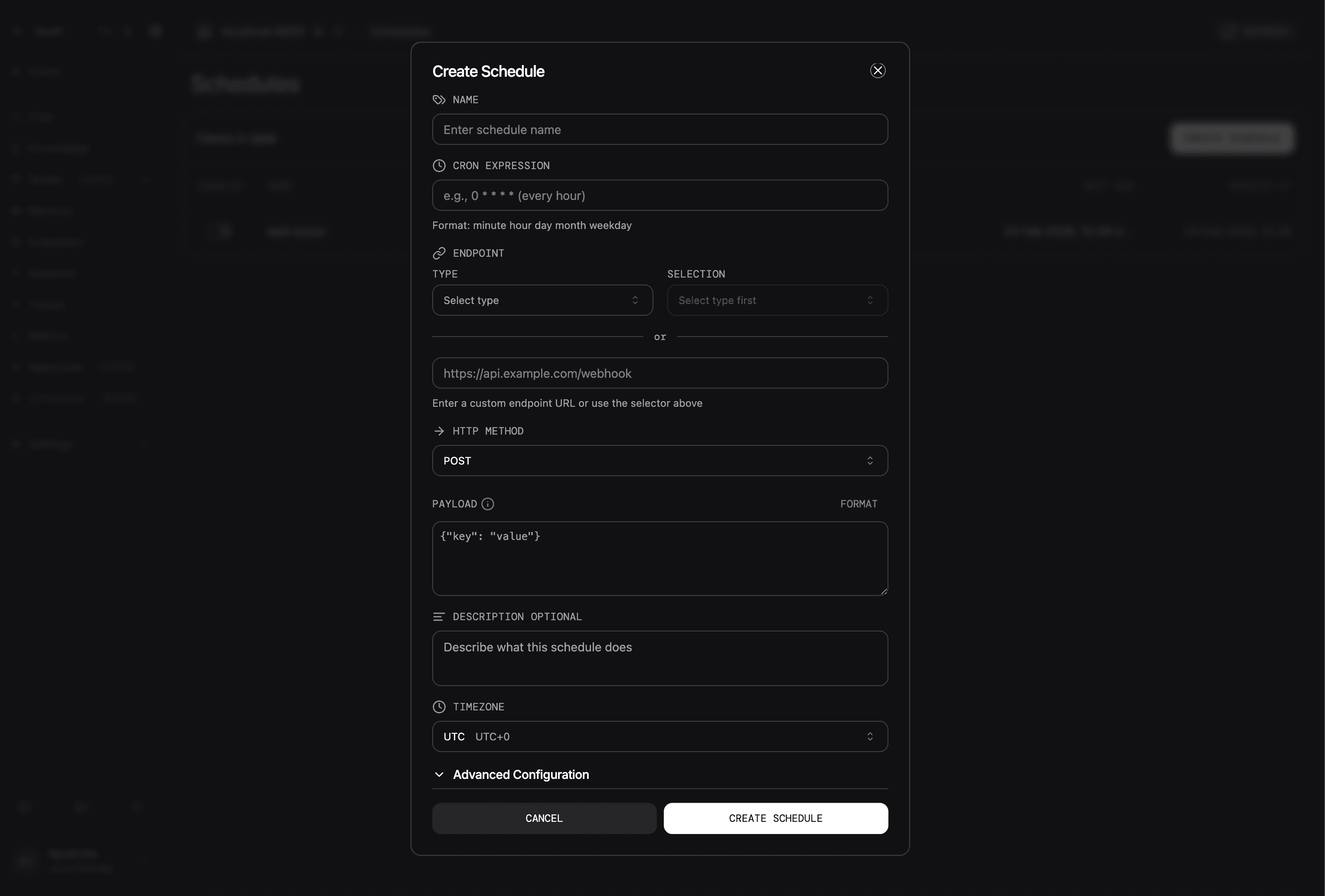 Create Schedule dialog in AgentOS