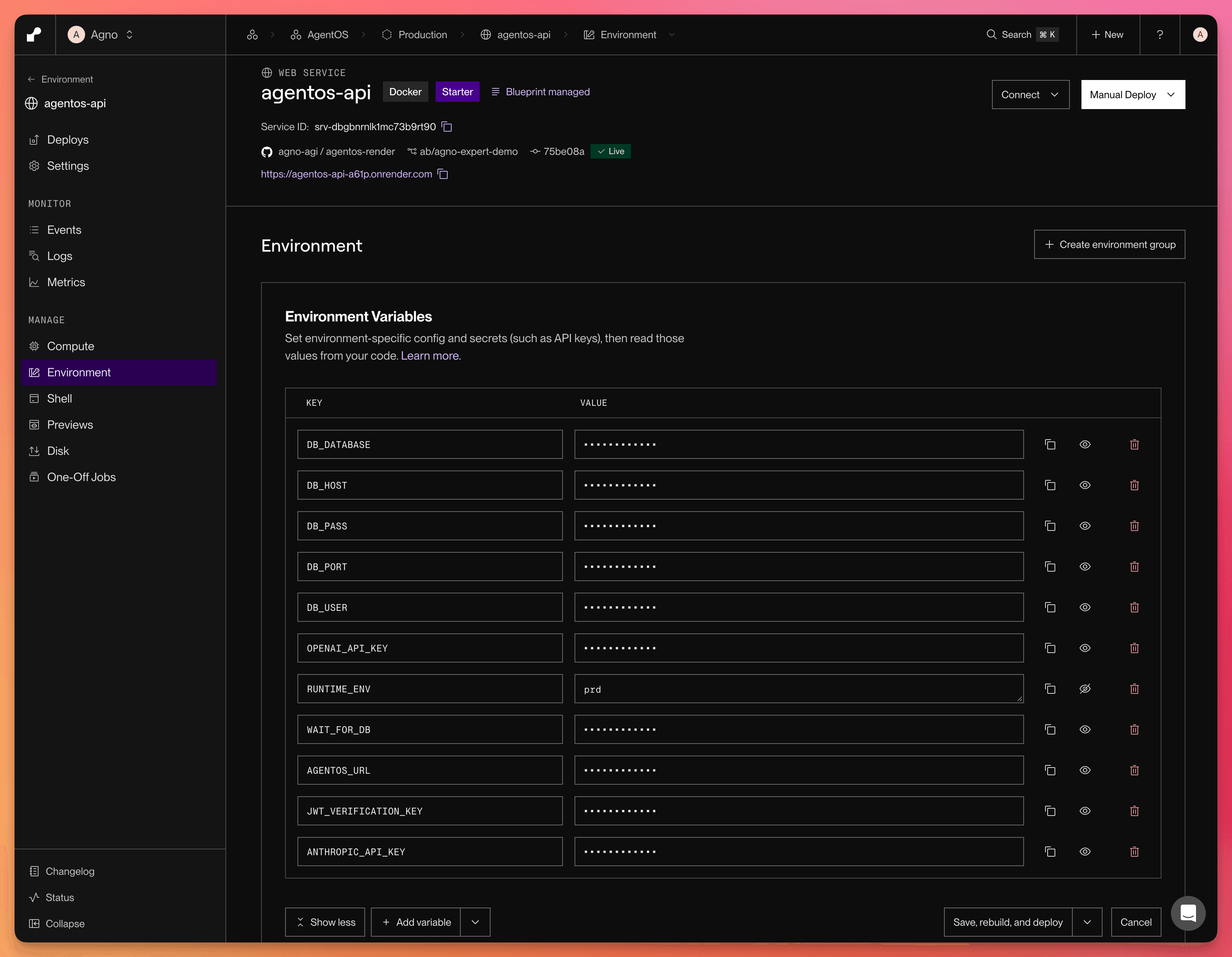 Render environment settings with RUNTIME_ENV set to prd and AgentOS URL, JWT verification key, and model credentials configured
